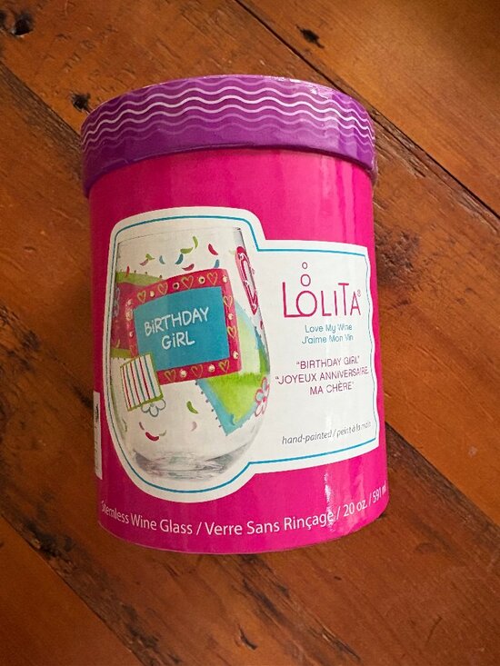 ENESCO LOLITA "BIRTHDAY GIRL" HAND-PAINTED WINE GLASS: NWT SEALED IN GIFT BOX - Picture 1 of 5